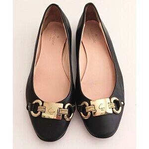 Kate Spade New York Phoebe Blk Leather Ballet Flat Gold Spade Logo Buckle  8-8.5